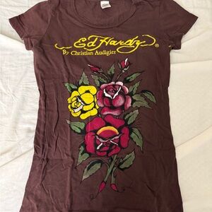 Ed Hardy Women's Brown Tee with Floral Design